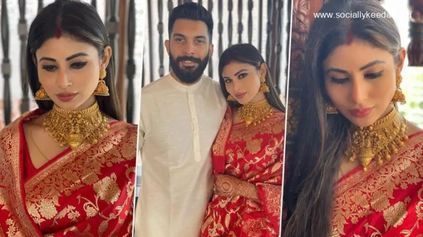 Mouni Roy Looks Perfect as the New Bride in Red Saree and Golden Jewellery, Shares Picture With Hubby Suraj Nambiar!