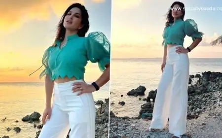 Sunny Leone Enjoys a Beautiful Sunset by the Sea, Poses in a Turquoise Top and Pants (View Pics)