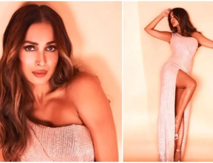 Malaika Arora dazzles in asymmetrical thigh-high slit rose gold gown