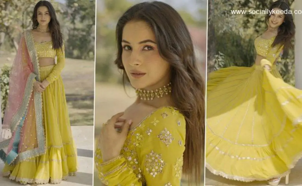 Shehnaaz Gill Poses in a Stunning Sequined Yellow Lehenga Set and Chunky Golden Jewellery (View Pics)