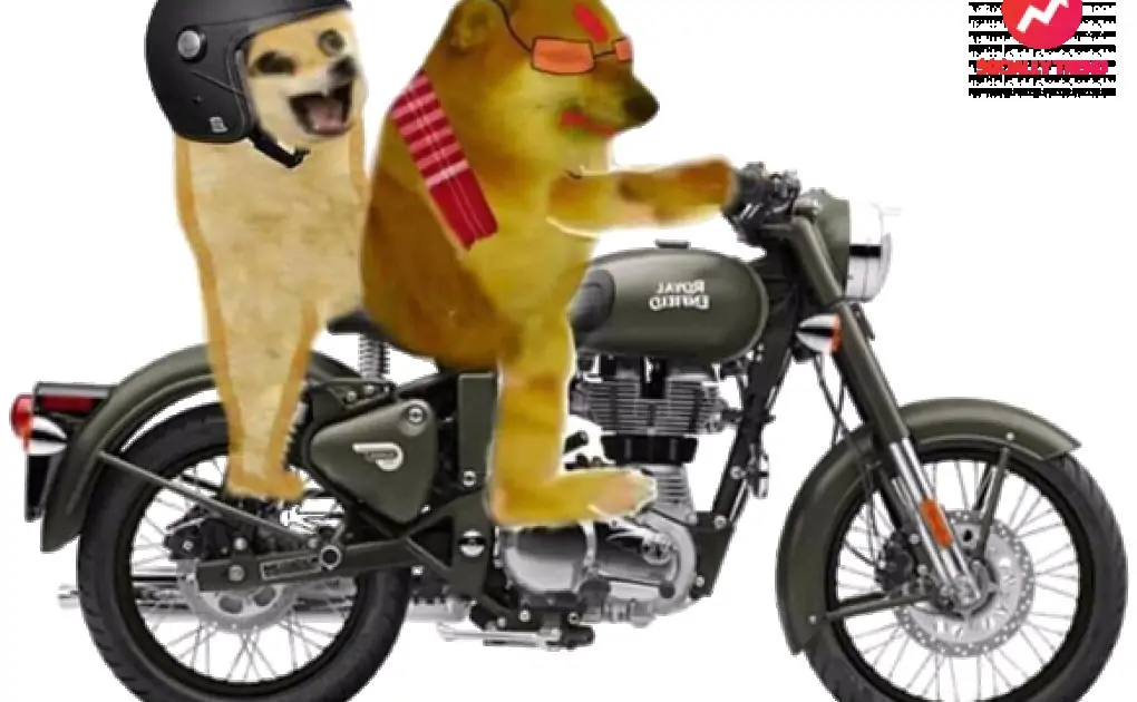 Cheems on a bike with baby Doge