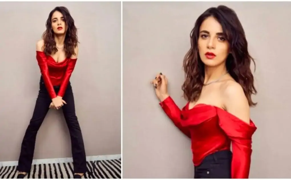 Radhika Madan is 'bleeding love' in red satin off-shoulder top and black denims