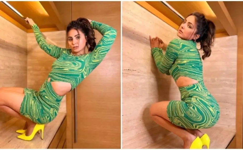 Hina Khan makes heads turn in vibrant whirly print cut-out bodycon dress