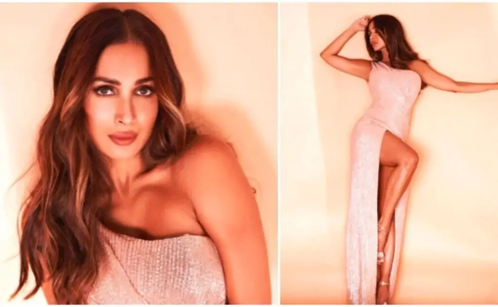 Malaika Arora dazzles in asymmetrical thigh-high slit rose gold gown