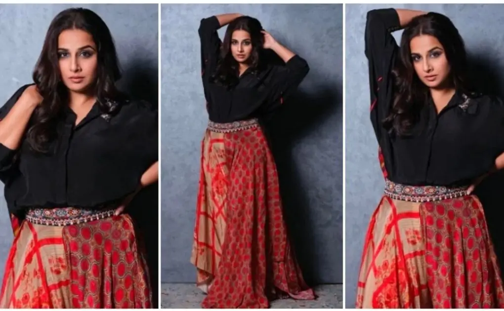 Vidya Balan stuns in black blouse, printed red asymmetrical skirt