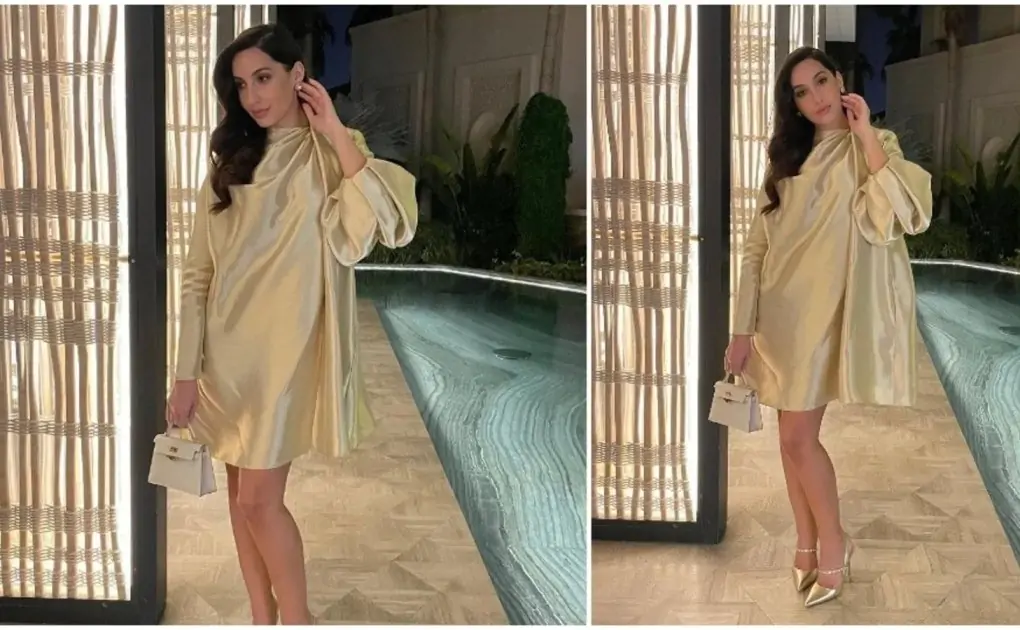 Nora Fatehi ditches bodycon dresses for this chic golden outfit