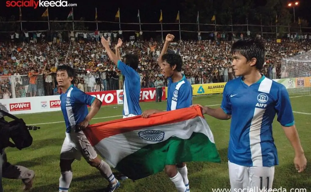 The captain of Indian Football team, Shri Bhaichung Bhutia celebrating alongwith other players after winning the final of Nehru Football Cup between India and Syria, in New Delhi on August 29, 2007.