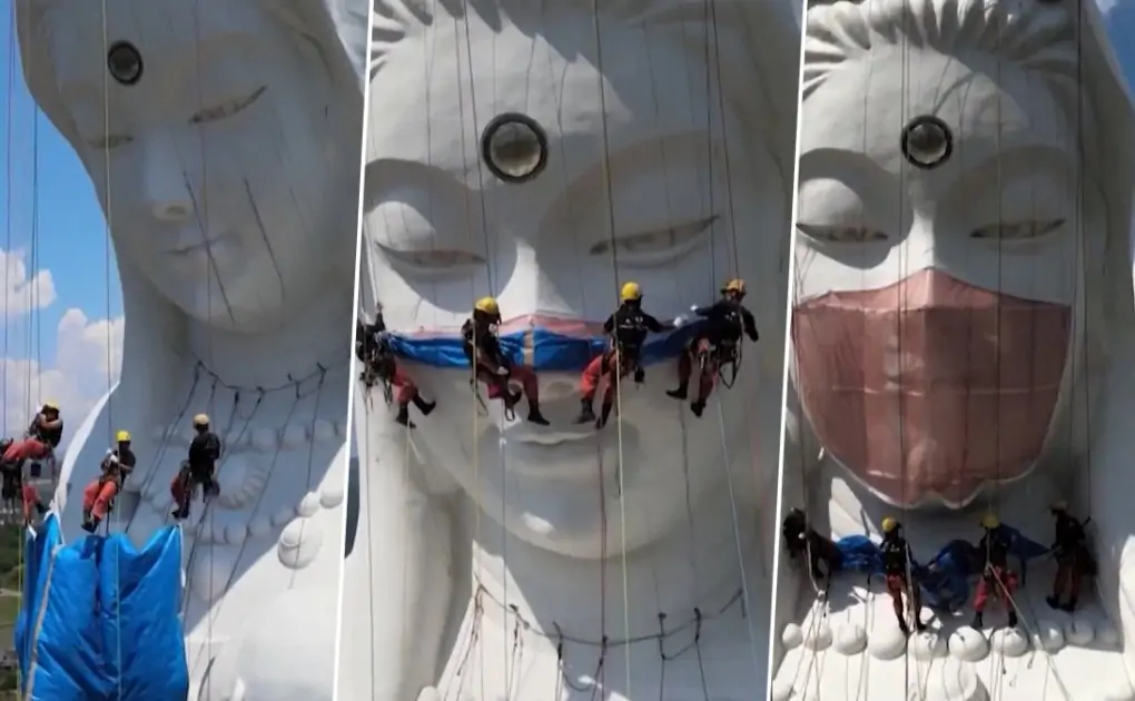 Japan: Giant Buddhist Goddess Statue Covered With Massive Custom-Made 'Face Mask' Weighing 77 LBS To Pray For The End Of COVID-19 Pandemic (Video)