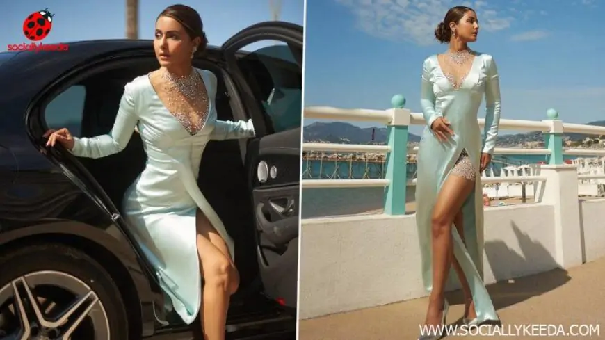 Cannes 2023: Hina Khan Exudes Glamour in an Ice Blue High Slit Satin Dress (View Pics)
