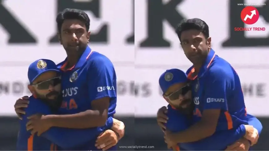 Virat Kohli giving Ravichandran Ashwin a tight hug