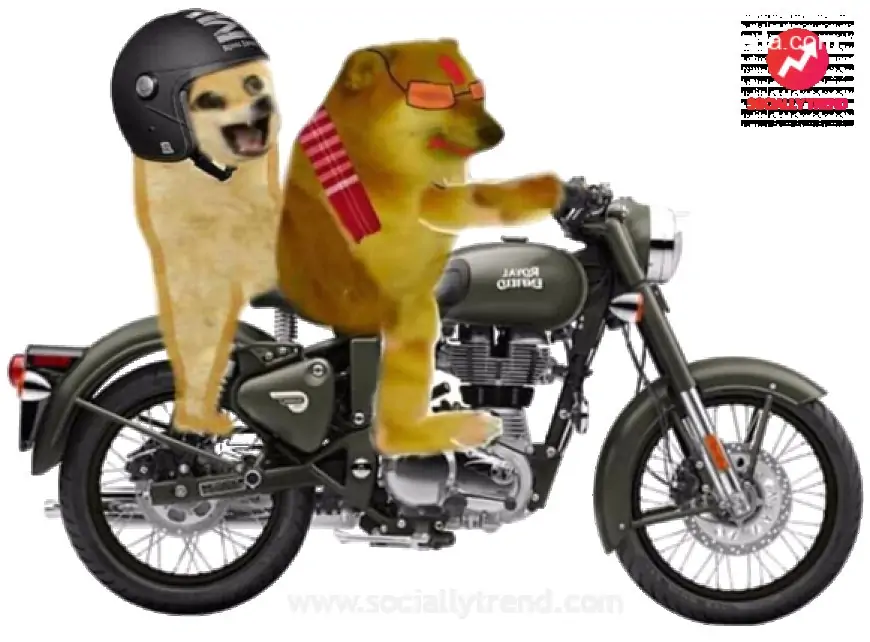 Cheems on a bike with baby Doge
