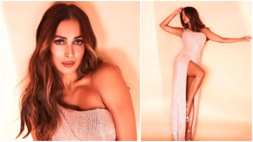 Malaika Arora dazzles in asymmetrical thigh-high slit rose gold gown