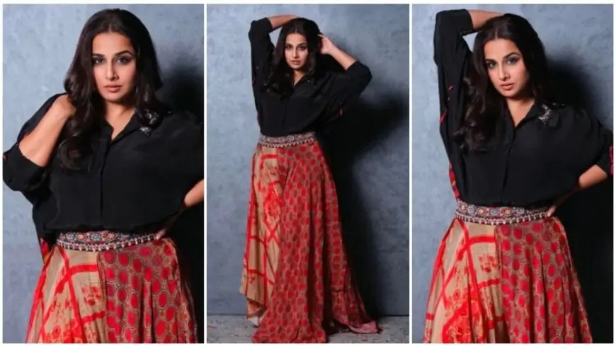 Vidya Balan stuns in black blouse, printed red asymmetrical skirt