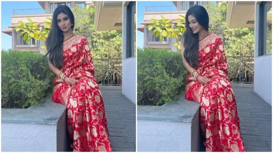 Mouni Roy looks radiant draped in red Benarasi silk saree post-wedding