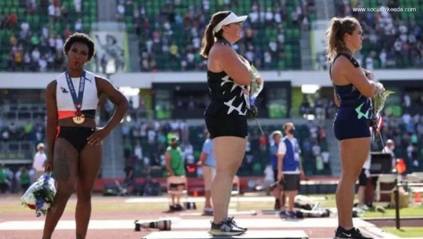 Gwen Berry Protests During Medal Ceremony of the Olympic Trials, Holds Up a T-Shirt Reading 'Activist Athlete' 