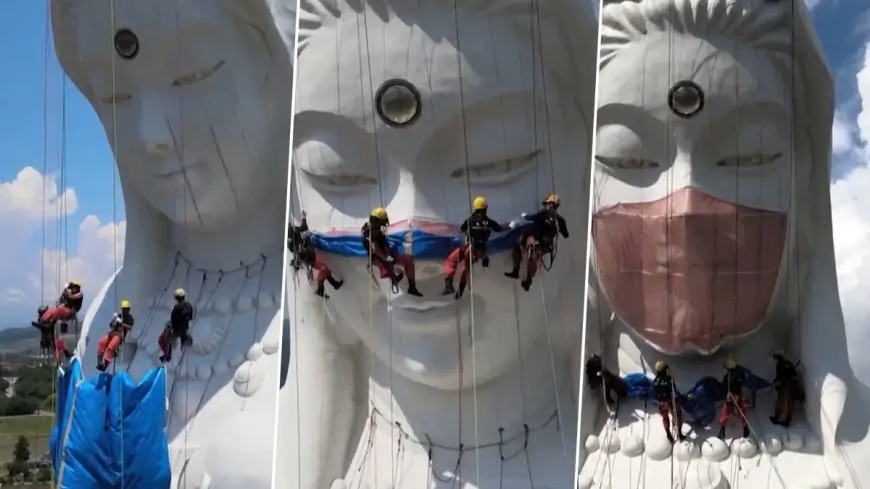 Japan: Giant Buddhist Goddess Statue Covered With Massive Custom-Made 'Face Mask' Weighing 77 LBS To Pray For The End Of COVID-19 Pandemic (Video)