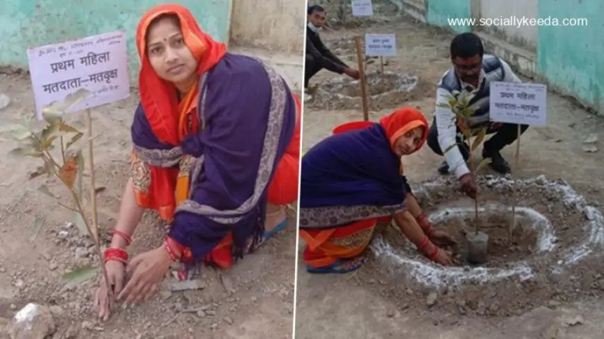 Uttar Pradesh Assembly Elections 2023: First-Time Female Voter and Presiding Officer Plant ‘Mat Vriksha’ Sapling at Green Booth in Lucknow