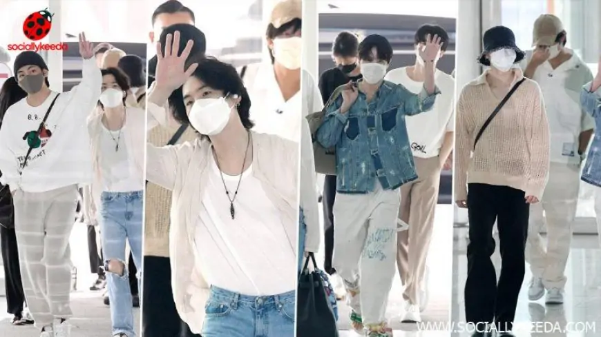 BTS Boys Nail Airport Look! V, RM, Suga, Jungkook, Jimin, J-Hope and Jin Rock Casual Chic Outfits as They Head to US to Meet President Joe Biden in White House (View Pics)