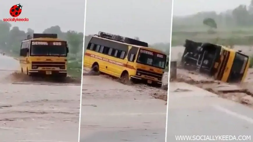 Uttarakhand Floods: School Bus Washed Away in Flood Water in Champawat (Watch Video)