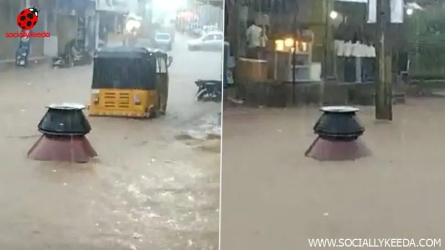 Two Biryani Utensils Float in Waterlogged Street of Hyderabad; Viral Video Draws Mixed Reaction!