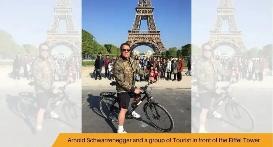 Arnold Schwarzenegger and a group of Tourist in front of the Eiffel Tower