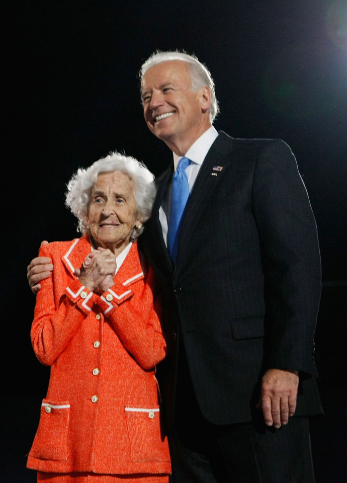 Biden said the Queen reminded him of his mother Jean pictured at an election night gathering in Grant Park on November 4, 2008 in Chicago, Illinois.