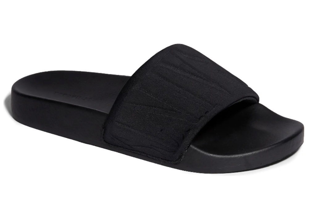 black slides, sandals, allsaints