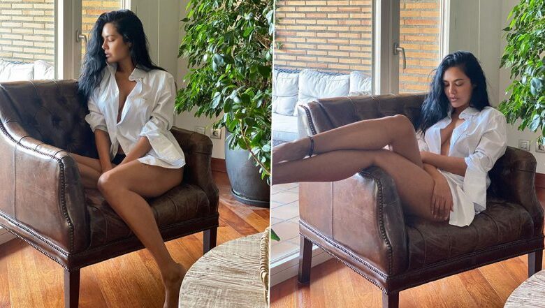 merge1 5 1 784x441 Esha Gupta Poses for the Cam in a Cleavage-Revealing Loose White Shirt While in Quarantine (View Pics)